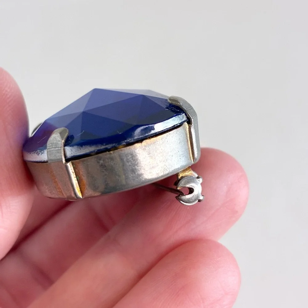 Vintage Brooch Set Blue Rhinestone Mid Century Faceted Silver Tone Jewelry READ